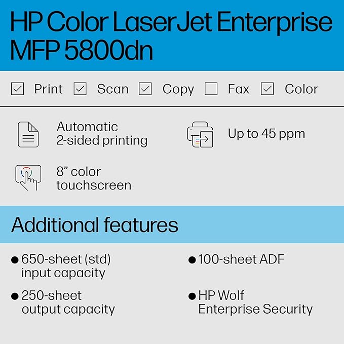 HP Color LaserJet Enterprise MFP 5800dn Printer, Print, Scan, Copy, Best for Business (6QN29A)