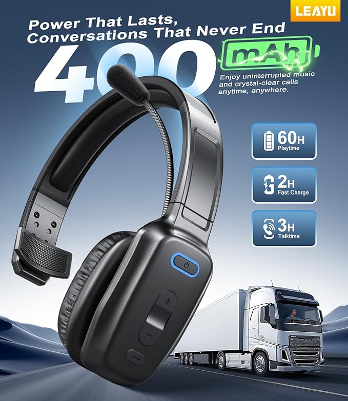 Trucker Bluetooth Headset, 60-Hour AI Noise-Canceling Mic for Driving | Mute Button, Multipoint Pairing, Single-Ear Design, Over-Ear Comfort, Bluetooth 5.2 Wireless Headphone, Phone/PC, Office/Work