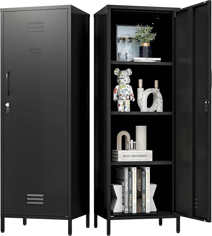 Metal Locker Storage Cabinet with Adjustable Shelves, 59" H Black Locking Tool File Cabinets Kids Snack Locker Organizer for School Classroom,Gym Home Office,Entryway and Hallway