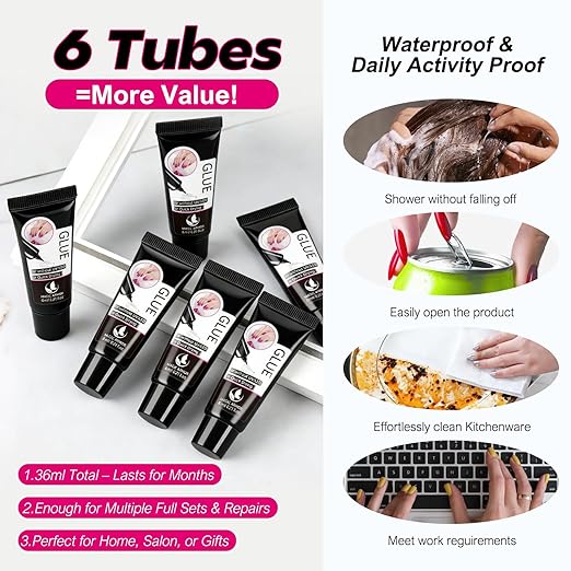 Nail Glue for Press On Nails 6ml x 6Pcs, Semi Solid Nail Glue No UV Light Needed Super Strong Glue Mini Tubes Quick Drying Gel Long Lasting for Fake Acrylic Nails