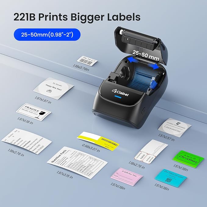 CLABEL 221B 2" Bluetooth Thermal Label Printer with 1 Label Roll, Black | Portable Inkless Barcode Maker, Compatible with iOS and Android, Ideal for Small Business, Retail, Office and Home