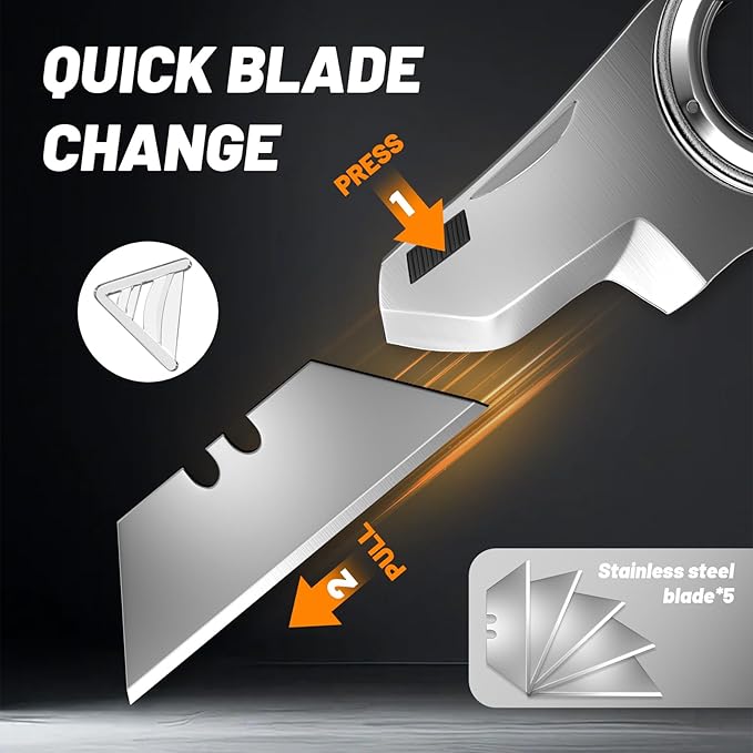 Folding Utility Knife Pocket Knife, Heavy-Duty Box Cutter with Aluminum Body, Quick-Change Blades, Anti Slip Finger Loop, Box Cutters for Home, Office, Warehouse, Durable Razor Knife, Box Knife - Grey