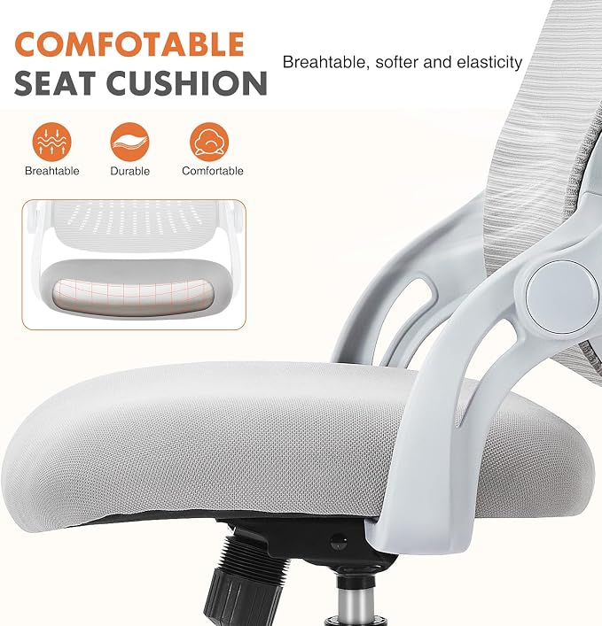 Sweetcrispy Home Office Chair, Mesh Office Chair, Lumbar Support, Grey | Adjustable Height, 360° Swivel Wheels, Mid-Back, Comfy Flip-up Arms for Small Space, Study, Managerial Executive, Grey