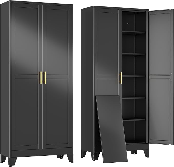 erosoei 75" H Metal Garage Storage Cabinet, Black Metal Pantry Cabinet with 2 Doors, Locker Steel Cabinet with 5 Adjustable Shelves, Freestanding Cupboard for Garage,Office,Home,Gym,School