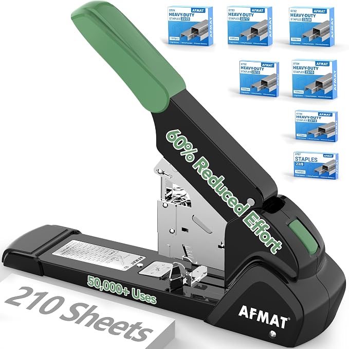 AFMAT Heavy Duty Stapler, 210 Sheet Effortless Stapler for Desk, 60% Reduced Effort, Jam Free, 50,000+ Uses, Adjustable Paper Depth, Metal Desktop Staplers for Office, Includes 7000Pcs Staples, ES15