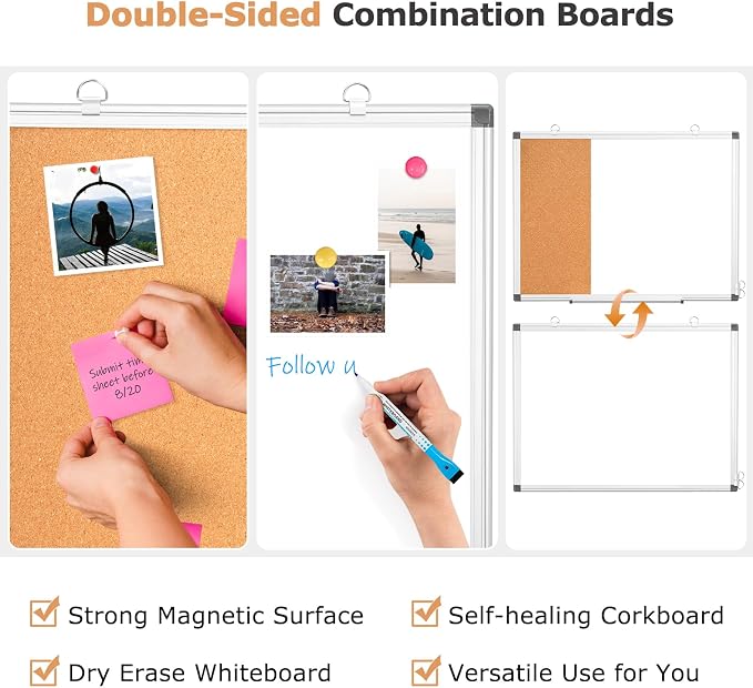 Magnetic Dry Erase White Board Cork Board Combo for Wall with Accessories | 36"x24" Vision Board Manifestation Whiteboard Corkboard Combination Aluminum Frame Home Office School Supplies ADHD Planner