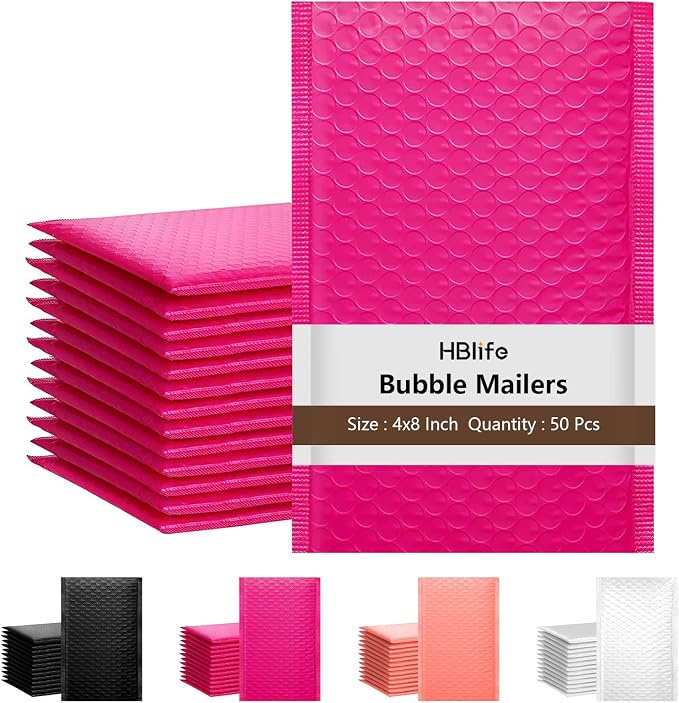 HBlife 50Pcs Bubble Mailers, 4x8 Inches Self Seal Hot Pink Poly Mailers, Padded Envelopes Shipping Bags Packaging for Small Business