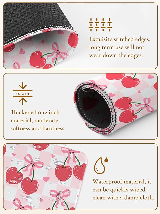 Cute Mouse Pad Red Cherries Pink Bow Heart Plaid Mousepad, Waterproof Mouse Mat Design Cloth, Non-Slip Rubber Base Computer Funny Mouse Pads, Small Mouse Pad Desk Accessories