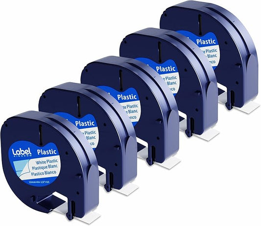 Compatible with Dymo LetraTag Label Maker Refills 91331 Plastic White Tape 12mm x 4m (1/2" x 13'), for Labeler Letra Tag 200B, LT 100T 100H Plus, 5-Pack Label KINGDOM Cartridges