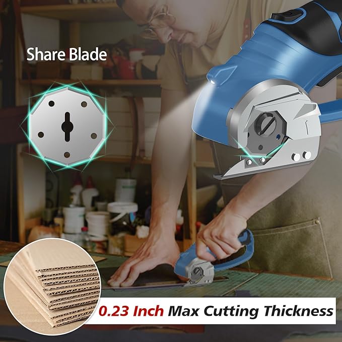 Cordless Electric Scissors, 4V Rechargeable Box Cutter & Cardboard Cutter with LED Light, Safety Lock - Rotary Cutter for Fabric, Leather, Plastic, Crafting, Sewing with Storage Box(Slate Blue)