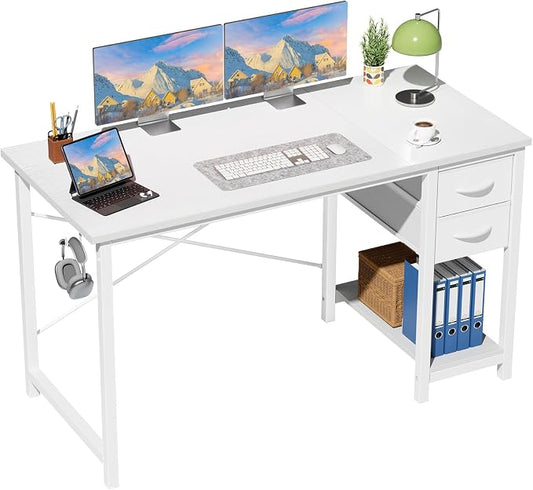 Sweetcrispy 47-Inch Computer Desk with Drawers, Office Desk, White | Small Desk for Bedroom Home Office with Side Hook, Modern Simple Desk with Storage for Writing