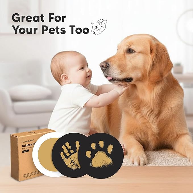 2-Pack Round Inkless Baby Hand and Footprint Kit - Mess Free Ink Pad for Newborn Keepsake, Dog Nose & Paw Print Kit, Clean Touch Ink Pad for Baby Hand & Footprints, Ideal New Mom Gifts (Gold)