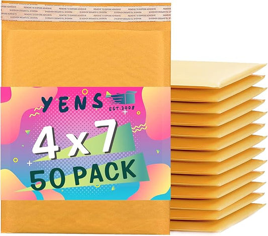 Yens Kraft Bubble Mailers 4x8 50 Pack Self Seal Adhesive Shipping Bags, Cushioning Padded Envelopes for Shipping, Mailing, Packaging Useable Space 4x7