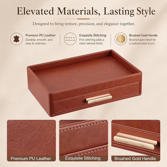 GORESE Leather Valet Tray with Drawer for Men, Nightstand Organizer, Brown | Vegan Leather, EDC Desk Organizer Tray for Jewelry Cologne Watch Wallet Key, Catchall Tray for Dresser Entryway Table Bedside