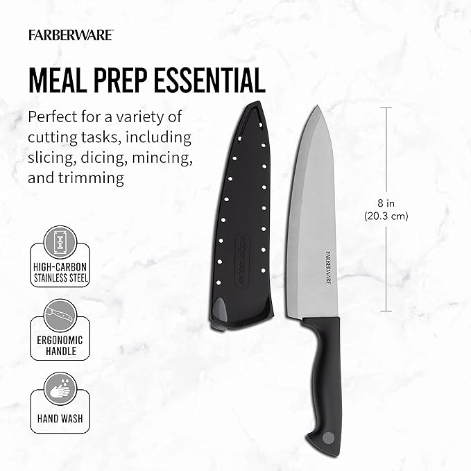 Farberware Edgekeeper 8-Inch Chef Knife with Self-Sharpening Blade Cover, High Carbon-Stainless Steel Kitchen Knife with Ergonomic Handle, Razor-Sharp Knife, Black