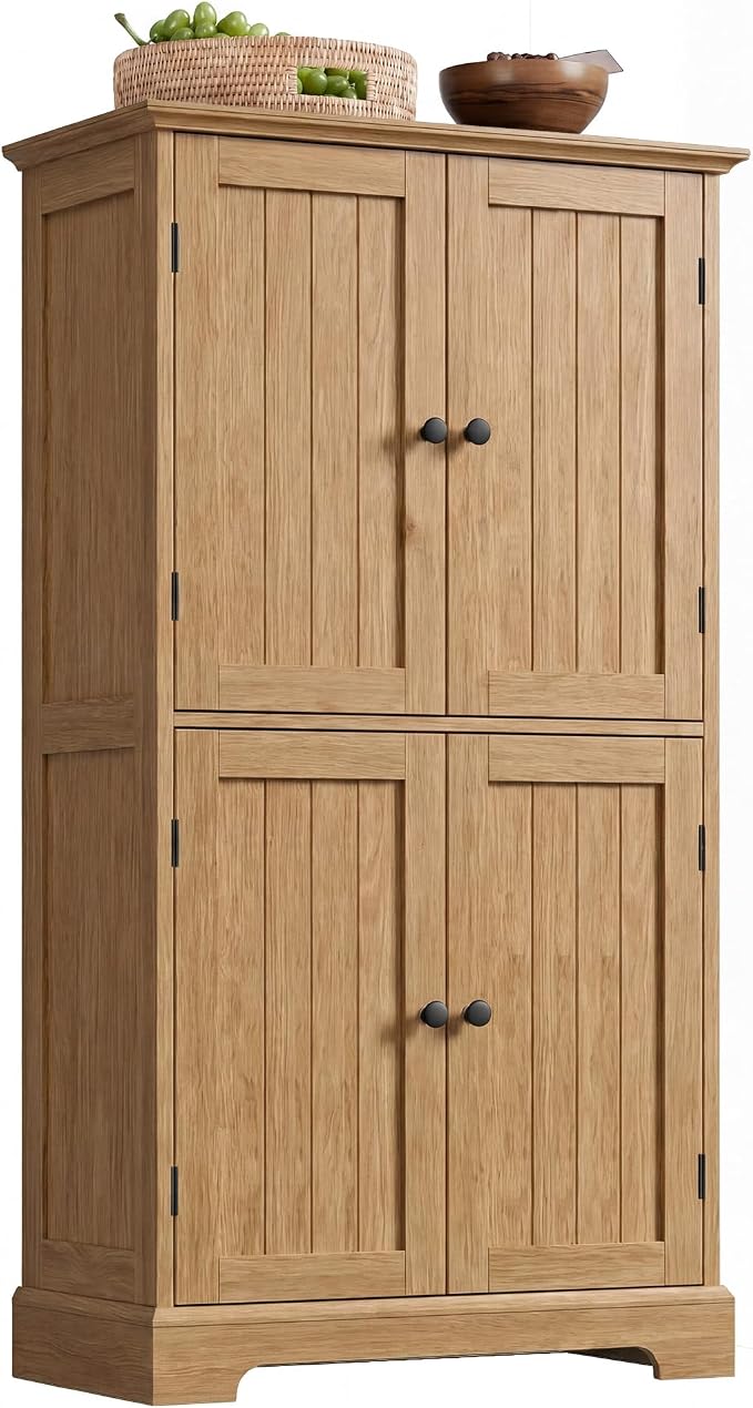 ChooChoo Bathroom Floor Cabinet with Adjustable Shelves | Bathroom Storage Cabinet, 4 Doors, Freestanding Cupboard for Living Room, Natural