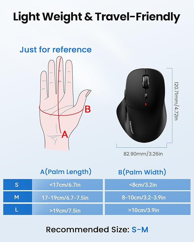 TECKNET Wireless Mouse Bluetooth 5.0/3.0 & 2.4G Rechargeable, Silent Clicks, Adjustable 4800 DPI, 6 Buttons, Ergonomic Design, Bluetooth Mouse for Laptop, Computer, ipad