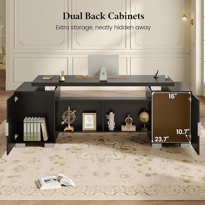 80.6" Executive Desk with Power Outlet and File Drawer, Modern Home Office Desk with 3 Large Cabinets and Privacy Panel, Business Furniture for Home Office, Living Room, Black