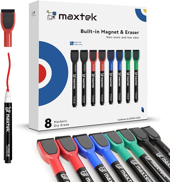 maxtek Magnetic Dry Erase Markers, 8 Count, 4 Colors, Fine Tip | Whiteboard Markers with Eraser, Thin Markers, Low Odor, For Classroom, Office, Home