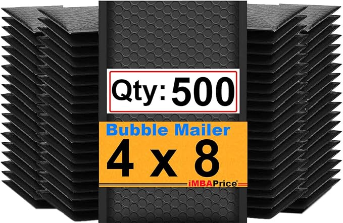 iMBAPrice Black Poly Bubble Mailers 4 x 8 Inch #000, 500 Pack Padded Envelopes, Self-Seal Waterproof Cushion Mailing Bags for Jewelry, Small Items & E-Commerce