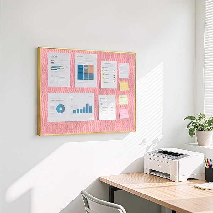 Linen Bulletin Board, 24"x18" Decorative Fabric Pin Board Vision Board | Gold Aluminum Frame, Upgraded Pink Canvas Surface, Wall Mounted, for Home Office Bedroom Dorm Wall Decor