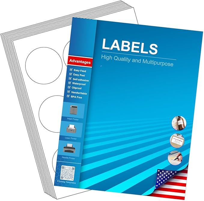 2.5" Circle Sticker Labels, Round Printable Sticker to Write On, Sticker Paper for Inkjet Printer, (9 Labels/Sheet), 10 Sheets