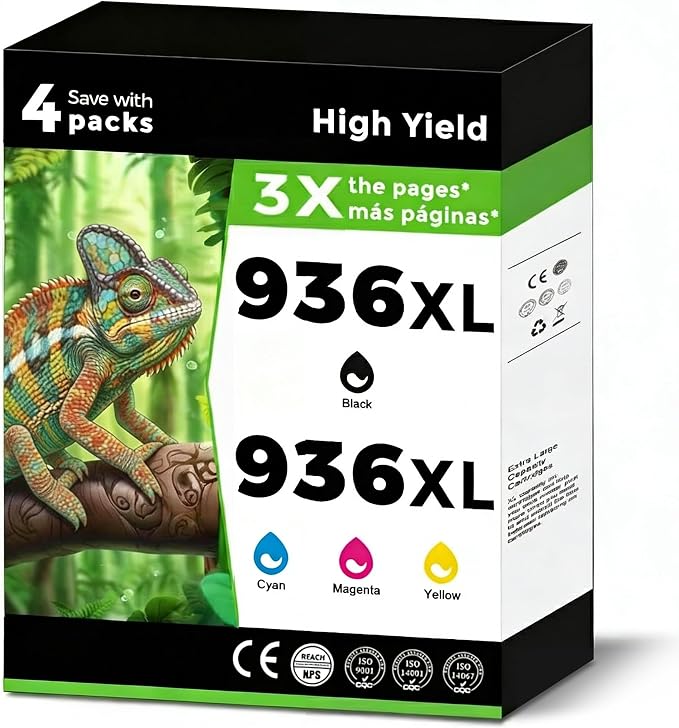 936XL Ink Cartridges Replacement for HP OfficeJet Pro 9110e-9135e, 4-Pack | Black, cyan, magenta and yellow 936XL cartridges for HP OfficeJet Pro 9110e, 9120e, 9122e, 9125e, 9128e, 9130e and 9135e.