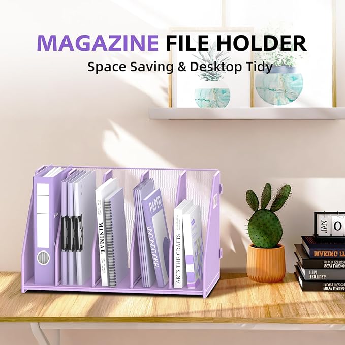 Binder Organizer, Magazine File Holder with 5 Vertical Rack, Purple | Metal Desk File Organizer & Binder Holders, Magazine Organizers for Office Desktop, Home, School, Classroom
