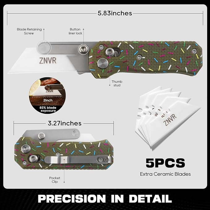 Premium Folding Utility Knife with 5 Extra Ceramic Blades, Box Cutter, Heavy duty & Lightweight Design, G10 Handle, Pocket clip, safety Lock, EDC Pocket Knife for home, Office, Factory, Camping