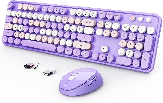 SkyGive Wireless Keyboard and Mouse Combo, Ergonomic Full Size Typewriter Retro Round Keycaps Keyboard, Compatible with Windows, PC, Perfer for Home and Office Keyboards (Lavender Purple