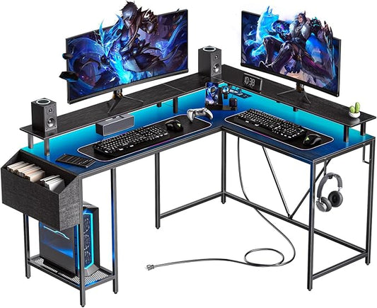 L Shaped Gaming Desk with Power Outlets and LED Lights, 53 inch Cornor Computer Desk with Storage Shelves, Gamer Desk with Storage Bag and Hooks Home Office Table for Bedroom Living Room Black