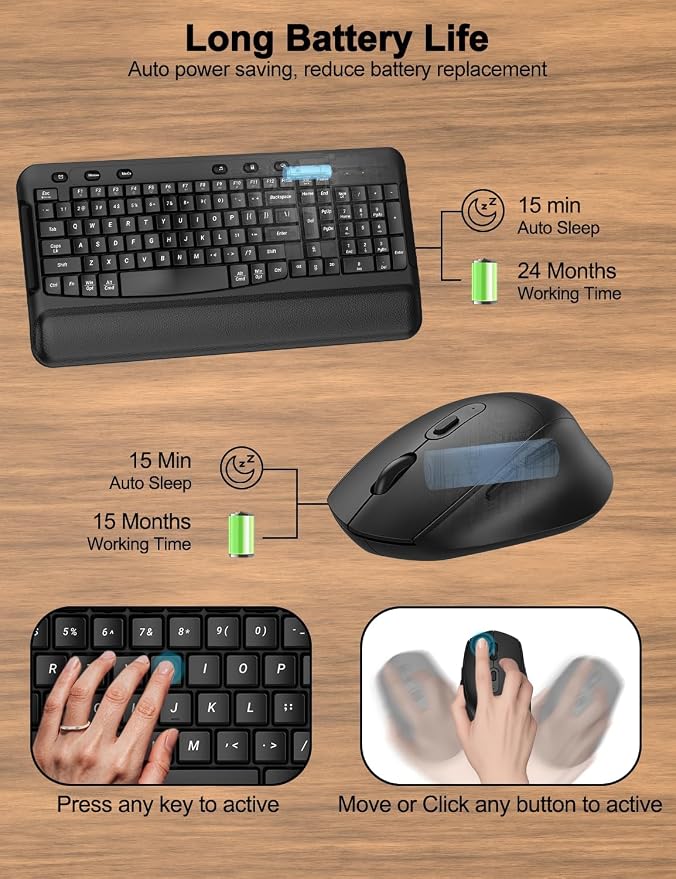 Wireless Keyboard and Mouse Combo, EDJO 2.4G Full-Sized Ergonomic Computer Keyboard with Wrist Rest and 3 Level DPI Adjustable Wireless Mouse for Windows, Mac OS Desktop/Laptop/PC, Carbon Black