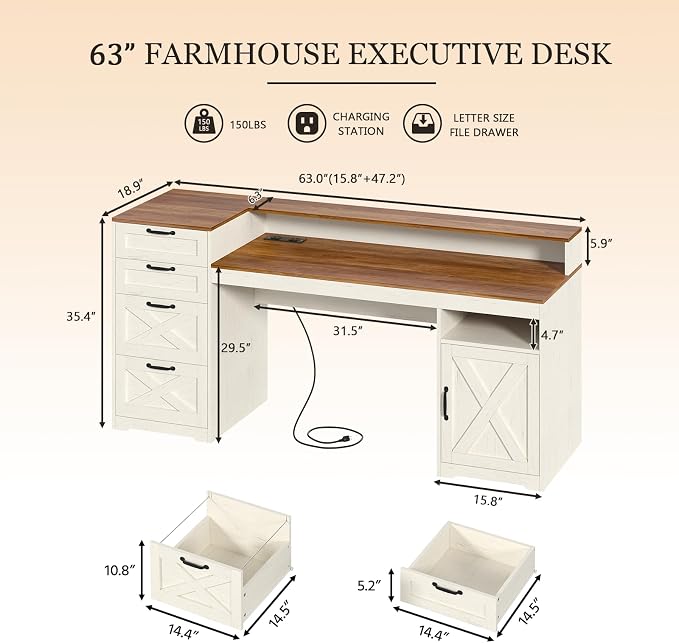 63" Farmhouse Computer Desk with 4 Drawers for Home Office, Bedroom | Executive Desk with Printer Shelf, Monitor Stand, Home Office Desks with Power Outlets, Storage Shelves, Antique White