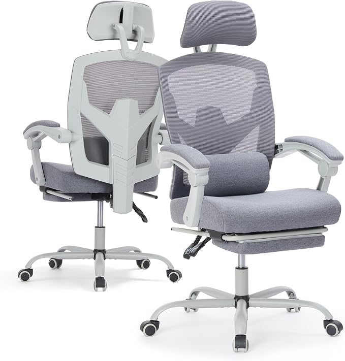 Ergonomic Office Chair with Footrest, Computer Gaming Chair | Adjustable Headrest, Lumbar Support, Swivel Reclining, Padded Armrest, Mesh High Back, Home Desk Work Study, Grey