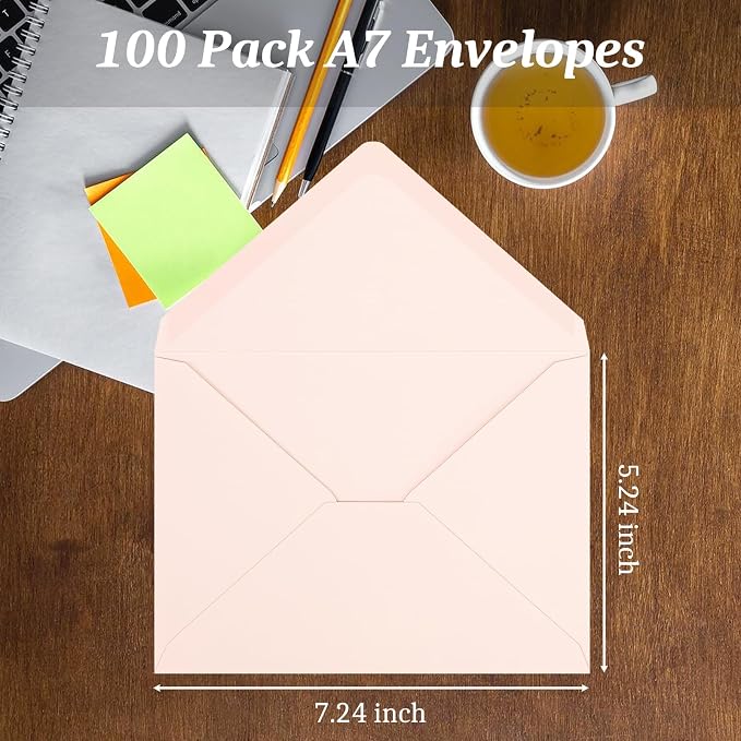 100 Pack A7 Envelopes, Blush Pink Greeting Card Envelopes Self Seal, 5.24 x 7.24 in Envelopes for Birthday Graduation Baby Shower Wedding Invitation Cards