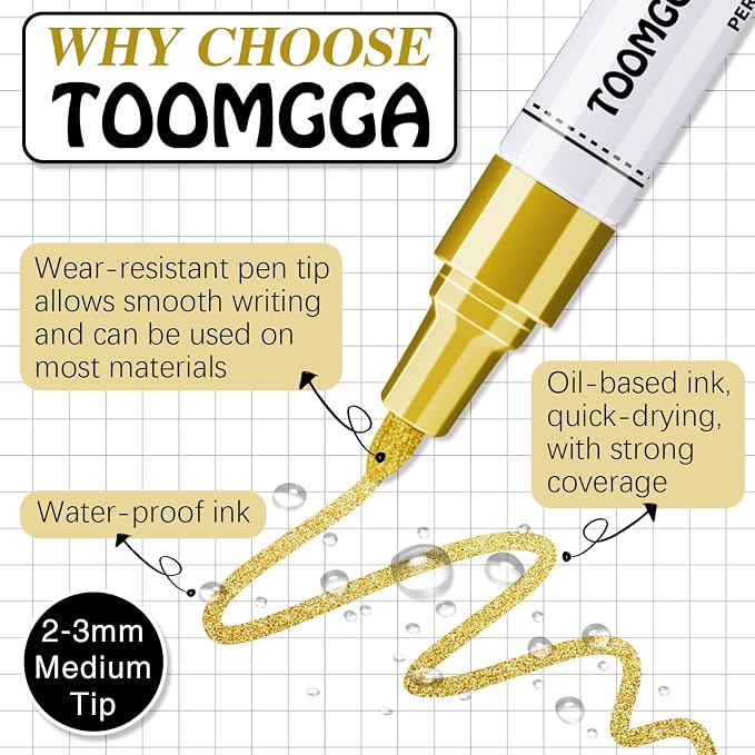 TOOMGGA 2 Gold and Silver Permanent Markers Paint Pens, Oil Based Medium | Marking Pens, Quick Drying, Waterproof, Fade-resistant, for Rock Painting, Car Tyre, Metal, Plastic, Canvas, Mugs, Wood