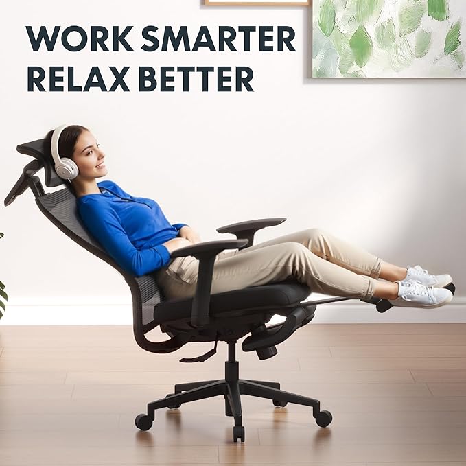 FLEXISPOT Ergonomic Office Chair with Footrest, Mesh High Back Computer Chair, Home Office Desk Chairs, with Adjustable Lumbar Support/4D Headrest/Reliable Base, Elastic Foam Seat, Black, OC3 Cloud-F