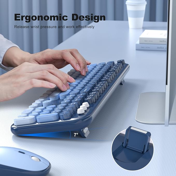 MOFII Wireless Keyboard and Mouse Combo, Full Size 2.4G Retro Round Computer Keyboard and Mouse Set, Plug and Play, for Windows, Computer, Desktop, PC, Notebook - (Sea Blue Gradient)