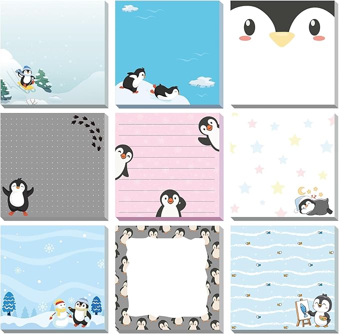 9 Pads Penguin Sticky Notes, 3x3 Inch Cute Stick Notepads | Adhesive Memo Notes Pad, Coworker Gifts, Office Supplies Decor, Desk Accessories for Students, Teacher, Meeting