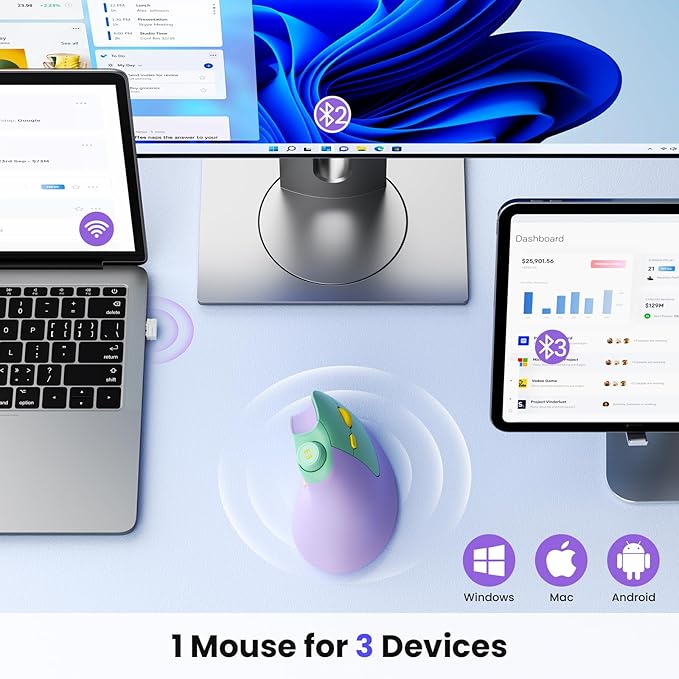 seenda Ergonomic Mouse Wireless, MOU-302 Bluetooth Vertical Mouse Rechargeable, Optical Mice with 1000/1600/2400 DPI, Volume Knob, 3 Multi-Device Connectivity for Computer/PC/Laptop/Mac, Purple