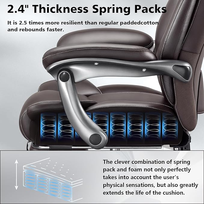 600lbs Big and Tall Office Chair for Heavy People,Heavy Duty Comfy Executive Office Desk Chair with Adjustable Lumbar Support,High Back Reclining PU Leather Computer Chair,Metal Base (Classic, Brown)