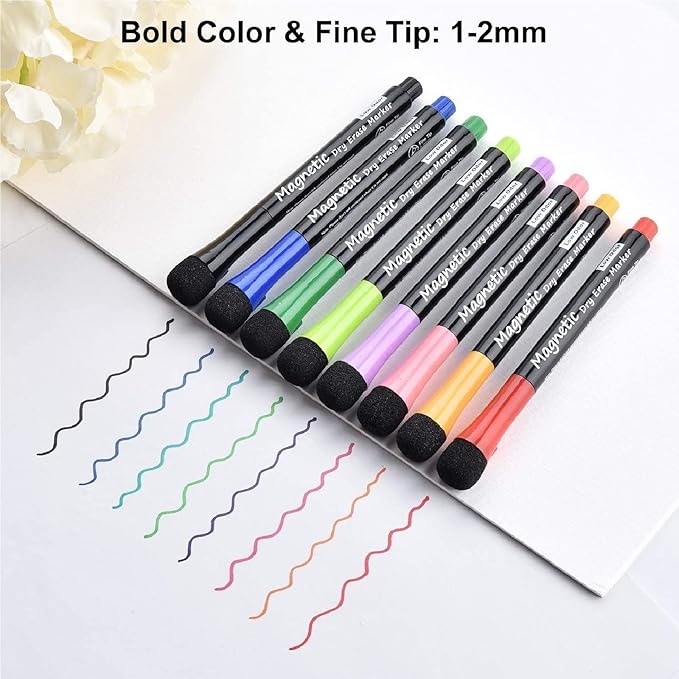 Magnetic Dry Erase Markers - Fine Tip, Assorted Colors, 8 Pack, Low Odor Whiteboard markers for kids, Work On White board & Calendar, Refrigerator, (OF038)