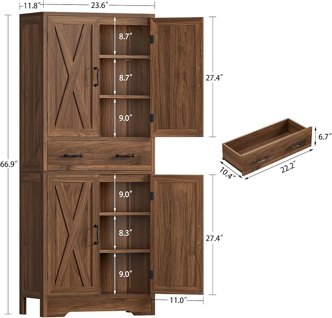 Tall Storage Cabinet with 2 Adjustable Shelves & 1 Large Drawer, Kitchen Pantry Cabinet with 4 Doors, Bathroom Storage Cabinets, for Living Room, Kitchen, Bathroom, Walnut