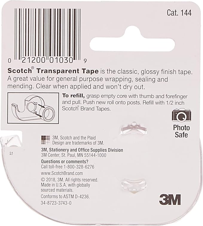 Scotch Transparent Tape, 0.5 in x 450 in (12.7 mm x 11.4 m), (Pack of 3)