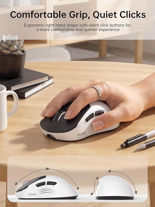hunart H6 49g Wireless Mouse, Bluetooth & 2.4GHz, Rechargeable, Black＆White | Silent Clicks, USB-C Charging, Two Ways to Connect, Lightweight Right-Hand Ergonomic Comfort, For Laptop, Computer, Mac