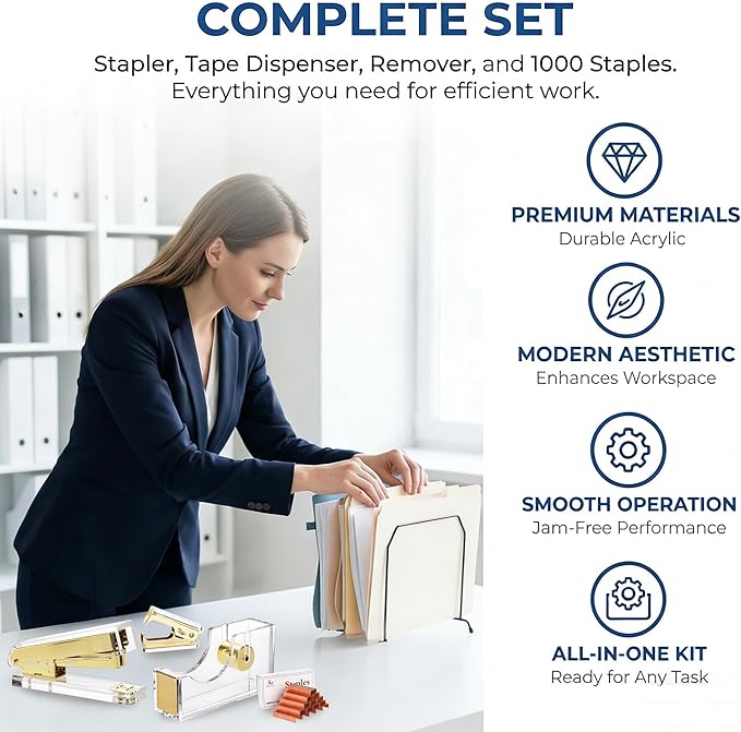 Hiceeden Acrylic Gold Stapler and Tape Dispenser Set, Desk Accessories Office Supplies Includes Tape, Staple Remover and 1000pcs 24/6 Staples, Modern Cute Stapler Set for Desk