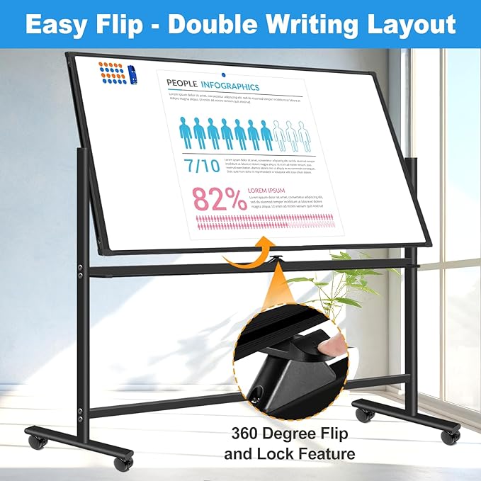 Double-Sided 5' x 3' Dry Erase Board with Stand, 60"x40" Large Magnetic Standing Easel Whiteboard Rolling Whiteboard on Wheels, with 2 Eraser, 6 Markers, 20 Magnets