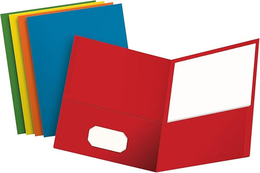 Oxford 2 Pocket Folders, Textured Paper, Assorted Colors (Light Blue, Red, Yellow, Orange, Green), Letter Size, 50 Per Box