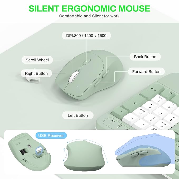 Wireless Keyboard and Mouse Combo,2.4G Ergonomic Wave Keys(Avocado Green-B) | Full Size Cordless Keyboard with Wrist Rest,3-Level DPI Ergonomic Mouse for Office and Home,Windows/Mac OS/Desktop/Laptop/PC