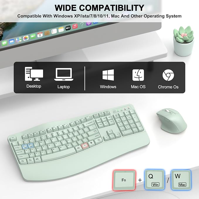 Wireless Keyboard and Mouse Combo, 2.4G Ergonomic Wave Key(Avocado Green) | Full Size Wave Keyboard with Wrist Rest, 3-Level DPI Adjustable Ergonomic Mouse for Windows and Mac OS Desktop/Laptop/PC